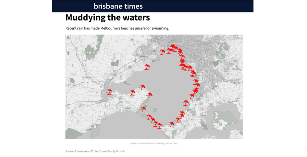 Red marks the bay beaches – NO swimming